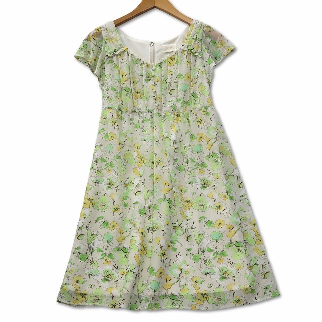 エフデ ef-de フラワープリント シフォン Vネック ワンピース 9 グリーン レディース拍卖
