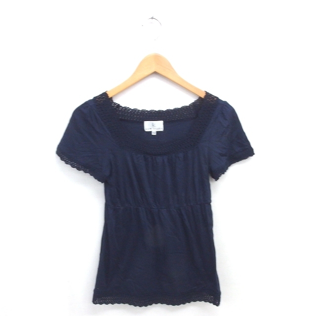 クミキョク 組曲 KUMIKYOKU ブラウス カットソー かぎ針編み スクエアネック プルオーバー 半袖 S2 ネイビー 紺 /TT レディース拍卖