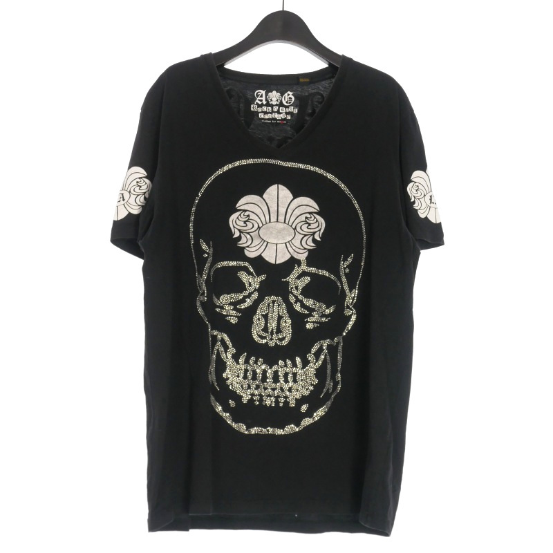エージー AG Vネック プリントTシャツ カットソー ラインストーン 半袖 M ブラック 黒 メンズ拍卖