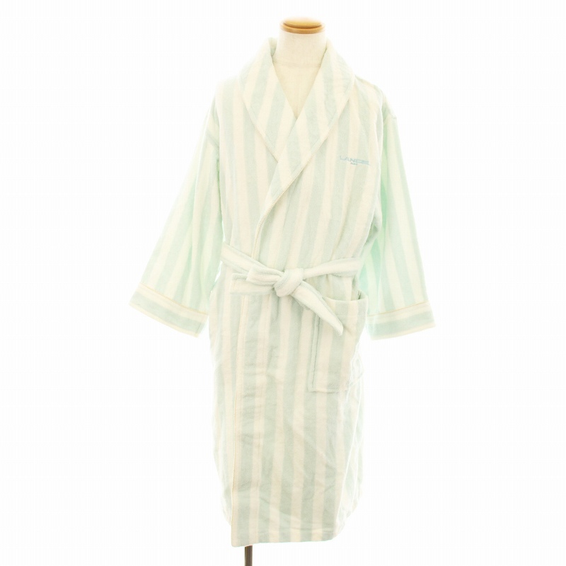 ランセル LANCEL バスローブ ガウン ロング ストライプ柄 パイル地 ベルト付き L 水色 白 ホワイト /KU メンズ拍卖