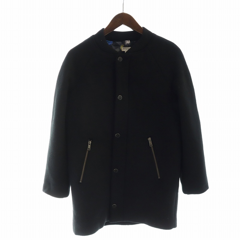 未使用品 ポールスミス PAUL SMITH ノーカラーコート タグ付き 時計柄 長袖 ロゴ ミドル ジップアップ 総裏地 12A 150cm 黒拍卖