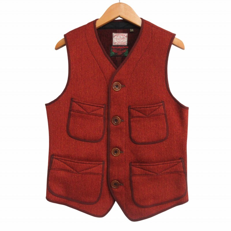フリーホイーラーズ FREEWHEELERS 新品同様 Forestry Bubo 1131027 ドラムヘラーベスト ビーチクロス ジレ 杢オレンジ サイズ34拍卖