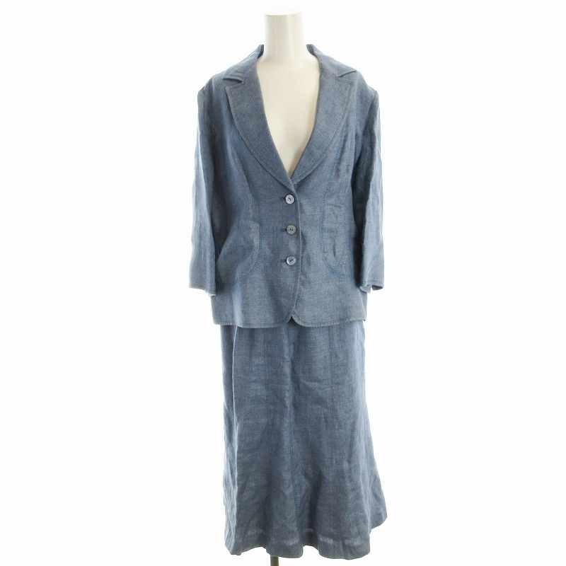 レリアン Leilian セットアップ 上下 2点セット スーツ テーラードジャケット フレアスカート 麻 リネン 11 青 ブルー IM0502183拍卖