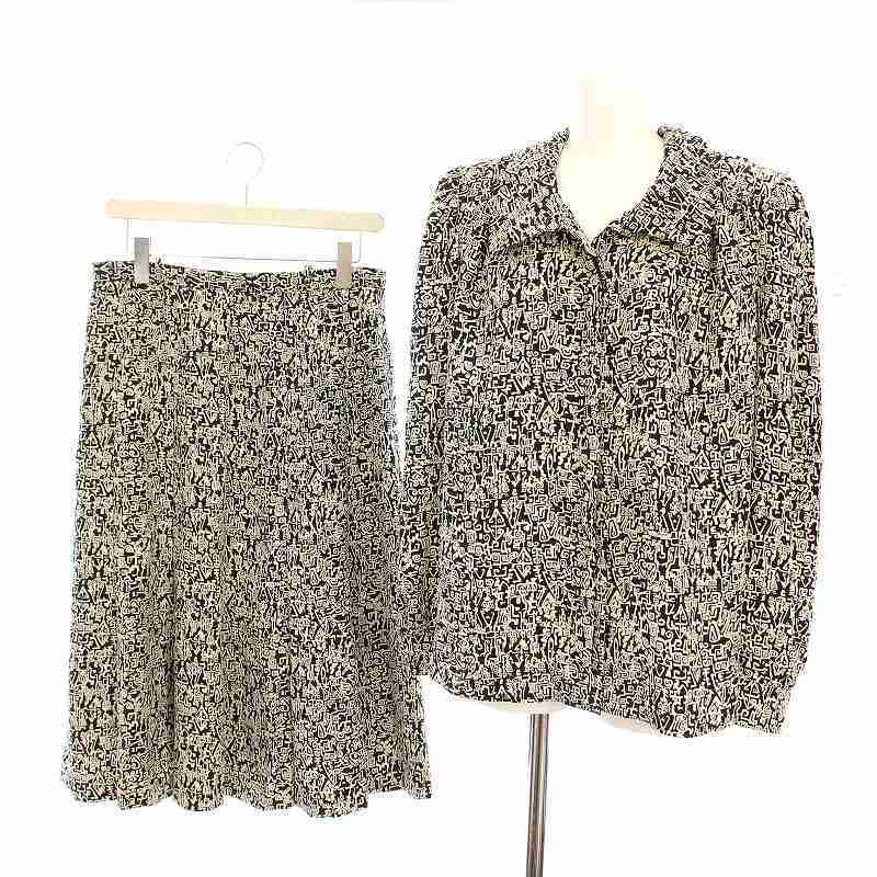 レリアン Leilian セットアップ 上下 総柄 シャツ ジャケット スカート ひざ丈 大きいサイズ 13+ 白 黒 /YM レディース拍卖