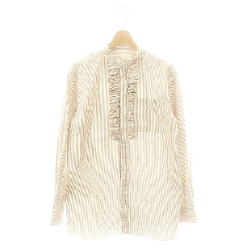 ドゥロワー Drawer コットンストライプフリルスタンドカラーシャツ 長袖 38 モカ ホワイト /DO ■OS レディース拍卖