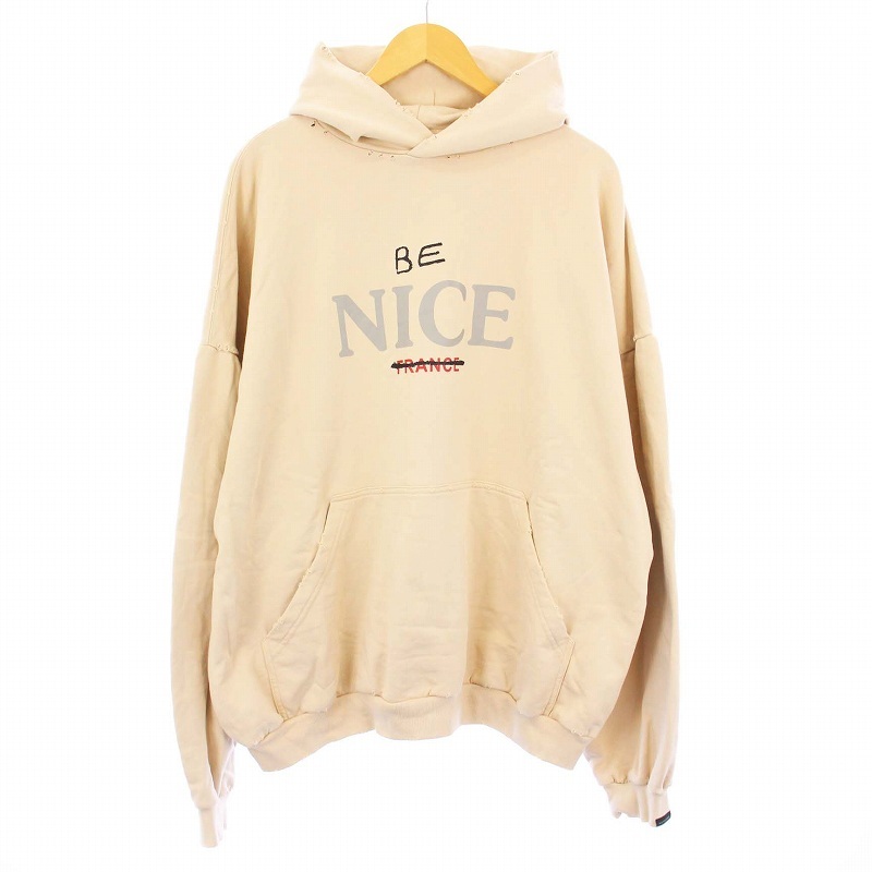バレンシアガ Round Hoodie BE NICE ラウンドフーディ プルオーバーパーカー スウェット 長袖 ダメージ加工 2 アイボリー拍卖