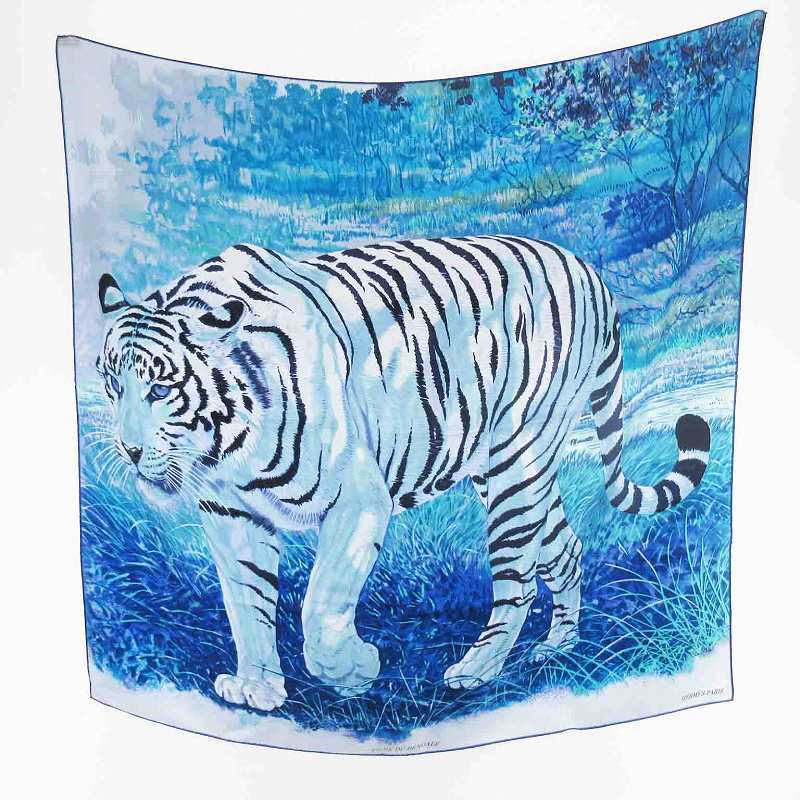未使用品 エルメス HERMES カレ90 TIGRE DU BENGALE ベンガル 虎柄 アニマル スカーフ 大判 ブルー 青 メンズ レディース拍卖