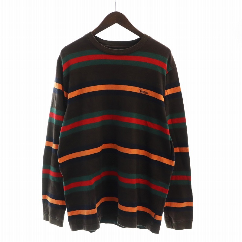シュプリーム SUPREME ロンT カットソー 長袖 ロゴ ボーダー XL 茶 ブラウン ■GY12 /MQ メンズ拍卖