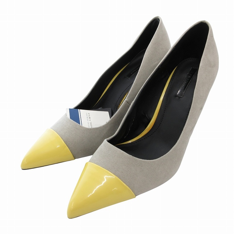 ザラ ZARA タグ付き パンプス ポインテッドトゥ スエード バイカラー 39 グレー 黄 イエロー /FF レディース拍卖