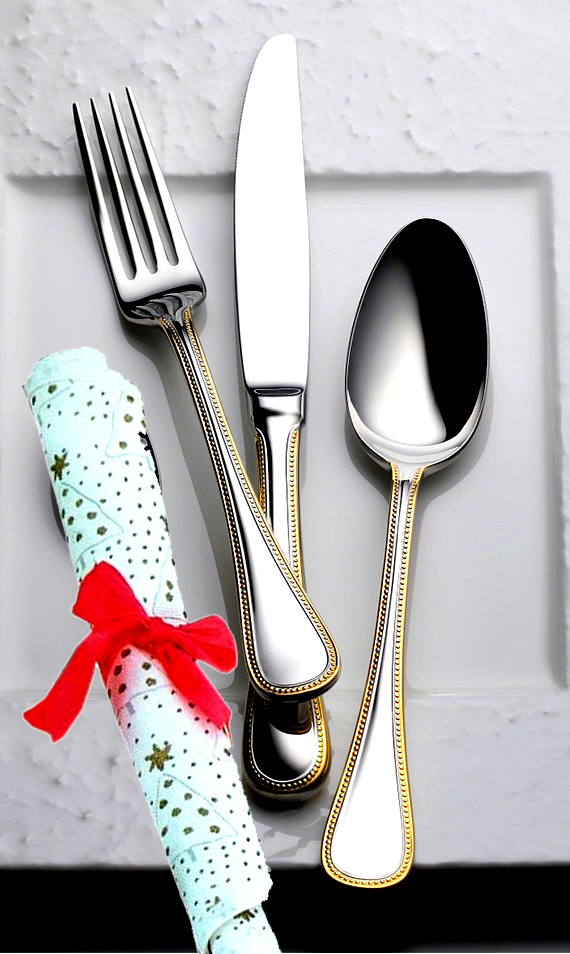 ☆ラッキーウッドフレンチアクセント金彩デザートナイフ・フォーク・スプーン各5本計15P高級ステンレス18-10使用日本製新品拍卖