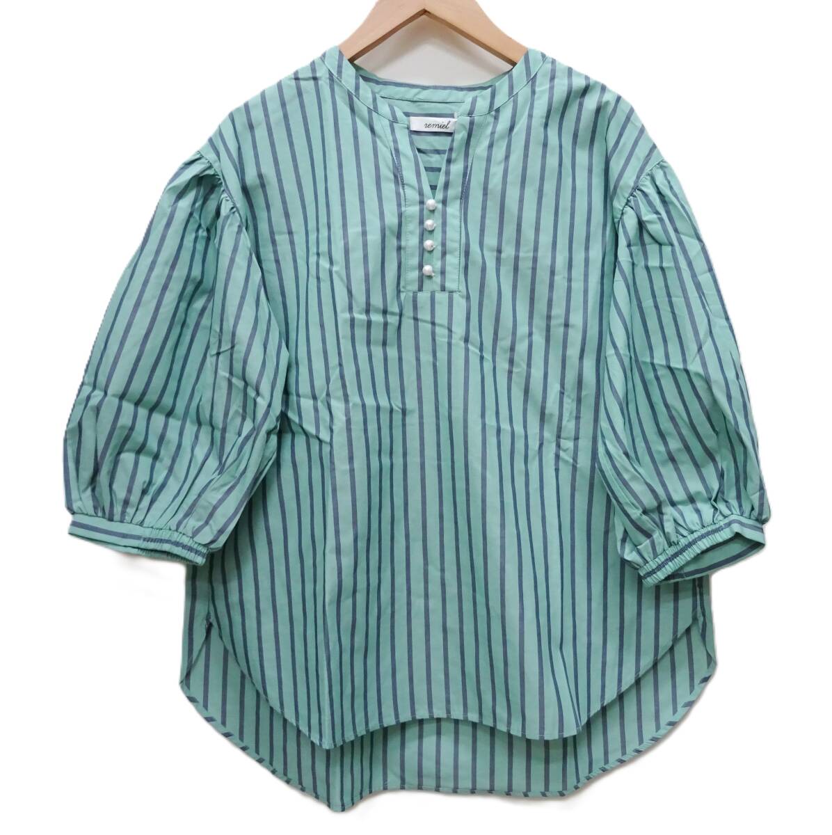 H-241 新品 REMIEL レディース トップス 7分袖 カットソー シャツ【L】グリーン×ネイビー拍卖
