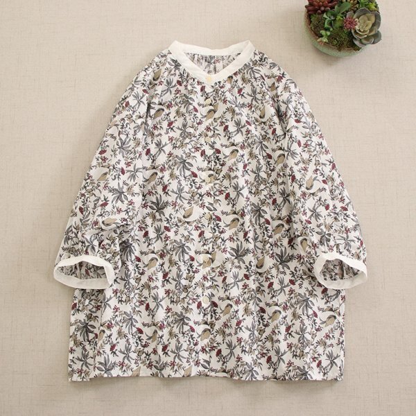 m2407 チュニック トップス ゆったり プリント花柄 オシャレ フリーサイズ ナチュラル 綿麻混 白地拍卖