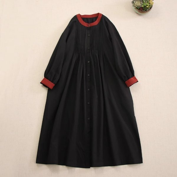 m 70207 ワンピース チュニック フリーサイズ ナチュラル系 綿100%コットン ゆったり ヒダ 前開け ブラック拍卖