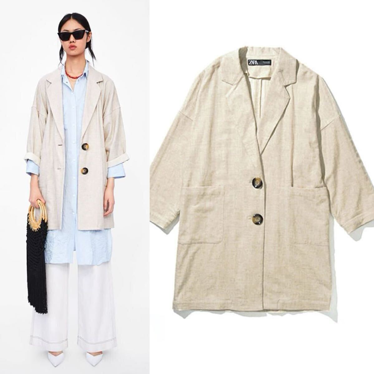 7,990円 ZARA アイボリーロングテーラードジャケット S美中古 オーバージャケット/ロングカーデ/ガウン/リネンブレンド拍卖