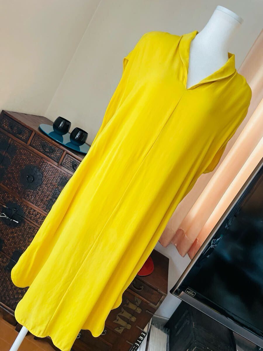 ノット(KNOTT)イエロー黄色シルク100%とろみワンピース1(M相当)美中古 ノースリーブ/ チュニック/トゥモローランド拍卖