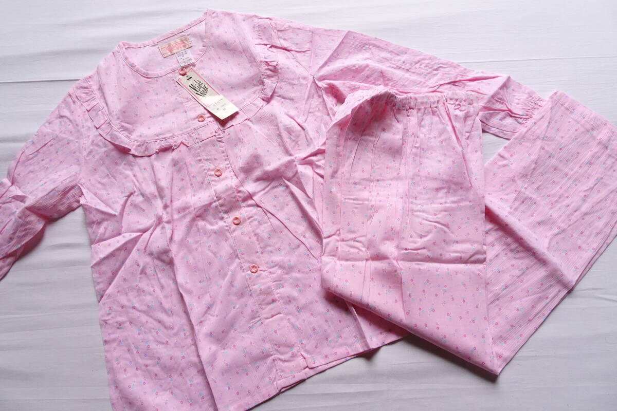 Night Wear/ナイトウェア/パジャマ上下セット/シワ加工/クレープ生地/小花柄/長袖シャツ/長パンツ/ピンク/Mサイズ/タグ付(5/13R7)拍卖