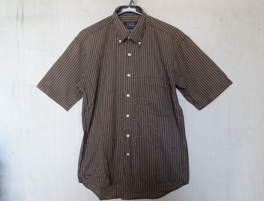 CARVING/カービング/半袖ボタンダウンシャツ/リップル加工生地/細かいチェック柄/左胸ポケット/裾ラウンド/茶系/Mサイズ(5/13R7)拍卖