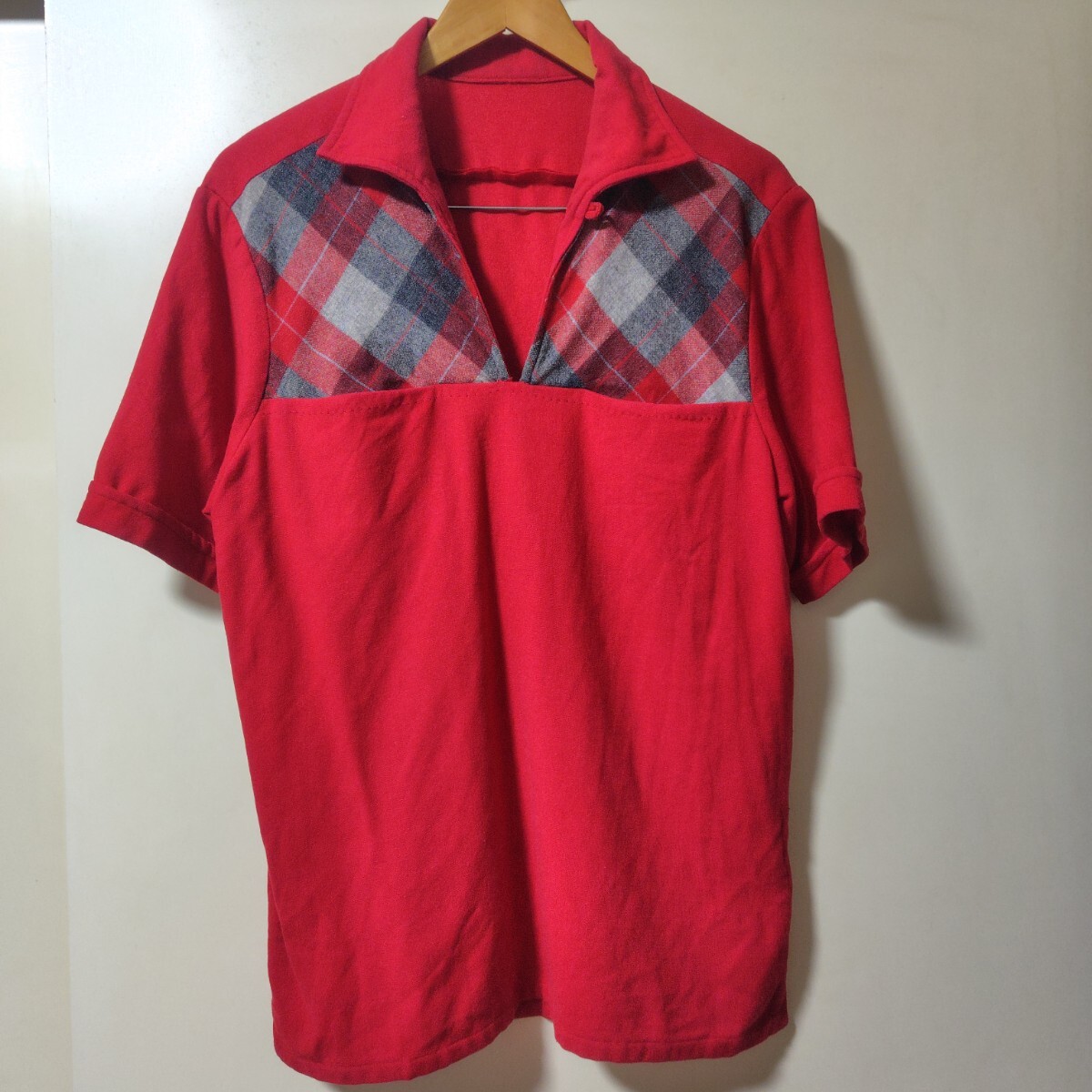 ◆SIZE M〜L位◆ヴィンテージ・プルオーバーシャツ◆イタリアンカラーシャツ◆レッド × グレーチェック◆ロカビリー◆拍卖