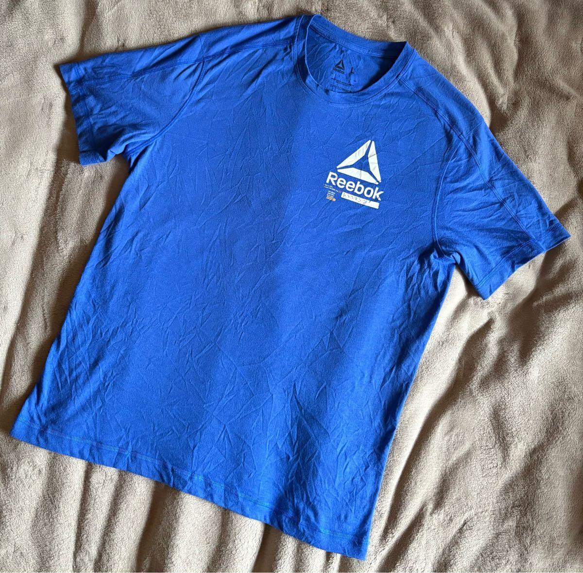 ◆美品◆Reebok リーボック プリントクルーネックTシャツ Lサイズ ブルー◆メンズ 半袖 Tシャツ 速乾◆拍卖