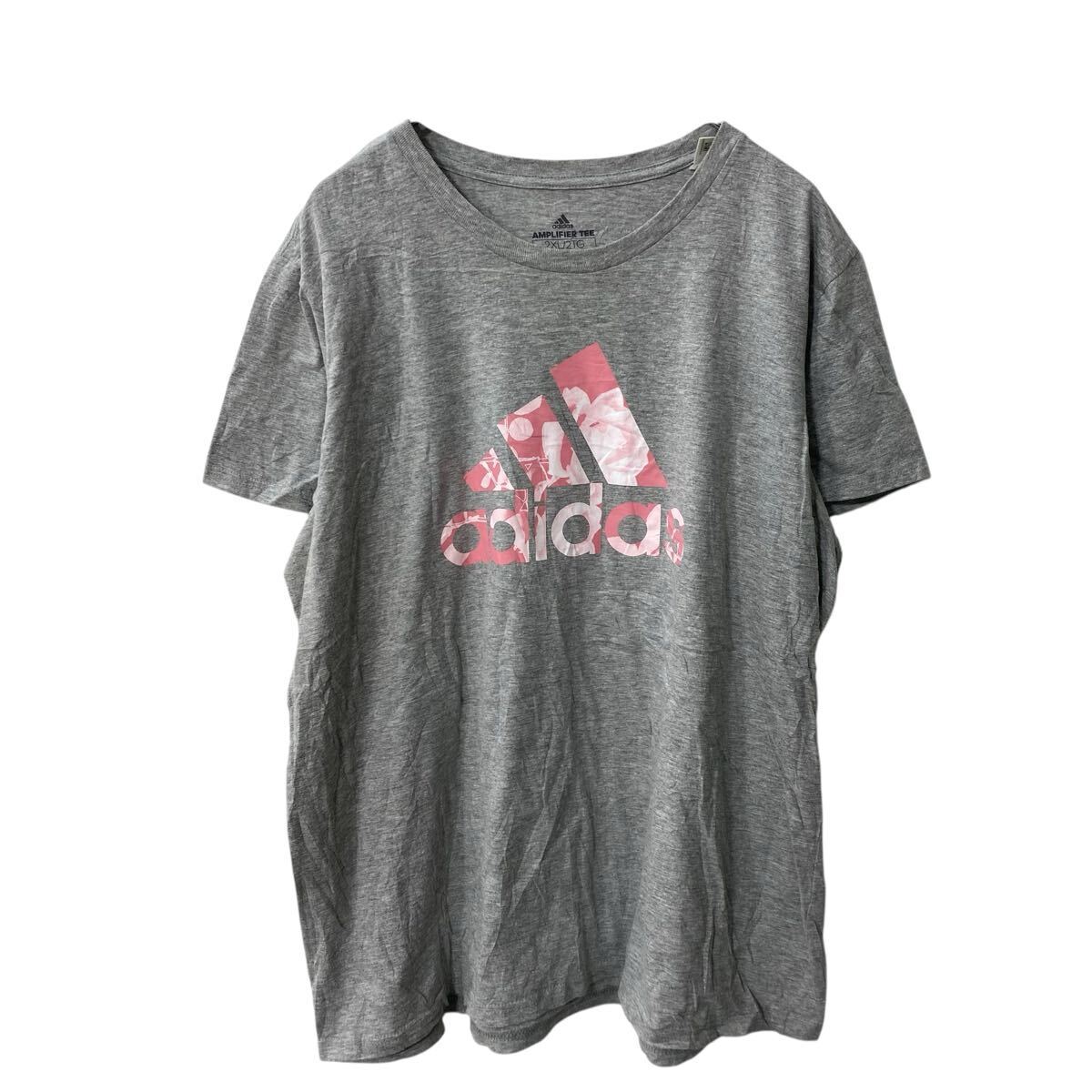 adidas 半袖 プリントTシャツ レディース 2XL グレー ピンク アディダス フラワー 古着卸 アメリカ仕入 a705-5578拍卖
