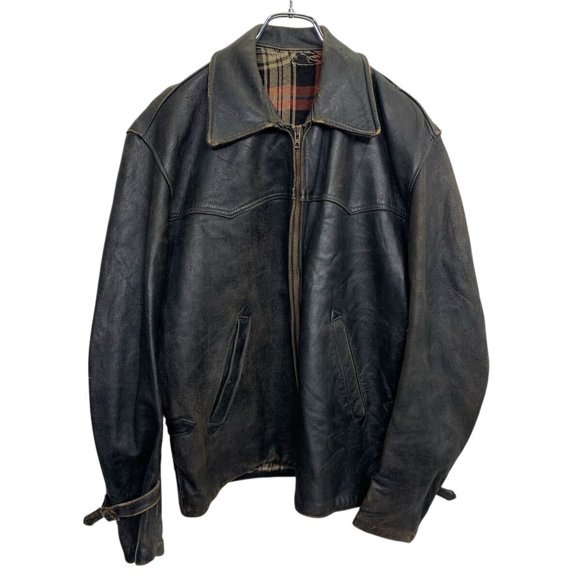 レザージャケット L~ ブラック ジップアップ 50's 60's フランス ワークジャケット 裏チェック アウター 古着卸 アメリカ仕入 a705-5654拍卖
