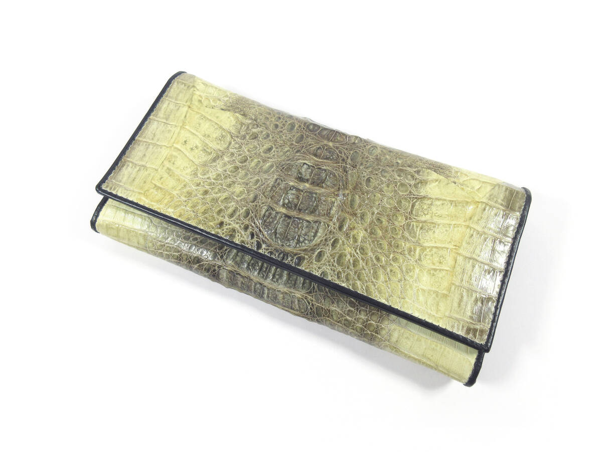リバー RIVER クロコダイル 背ワニ 三つ折り 長財布 アイボリー/グレーベージュ シルバー金具拍卖