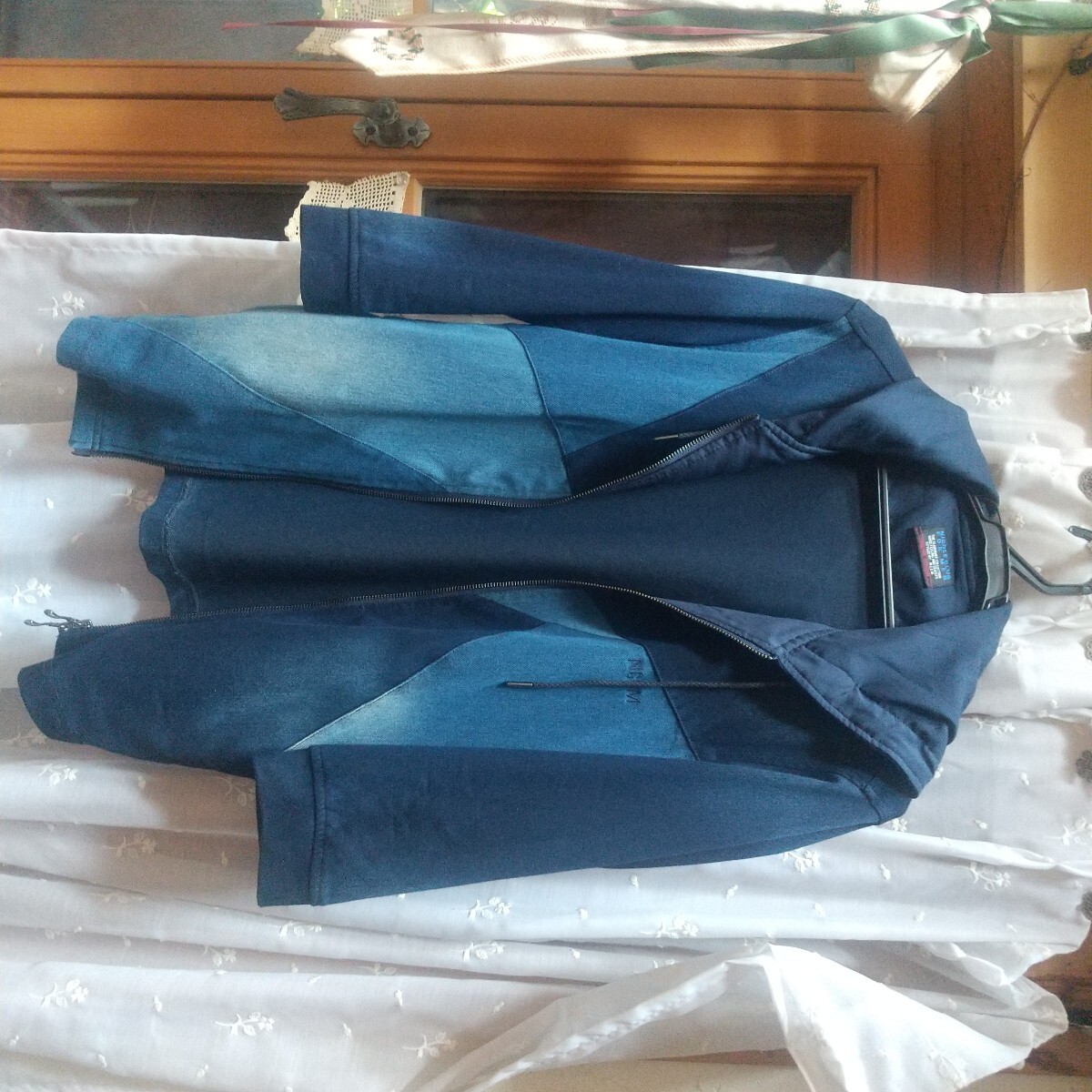 ニコル 七分袖 フルジップ フード付き パーカー インディゴ染め パッチワーク 切り替え クレイジーパターン M NICOL CLUB FOR MEN 中古品拍卖