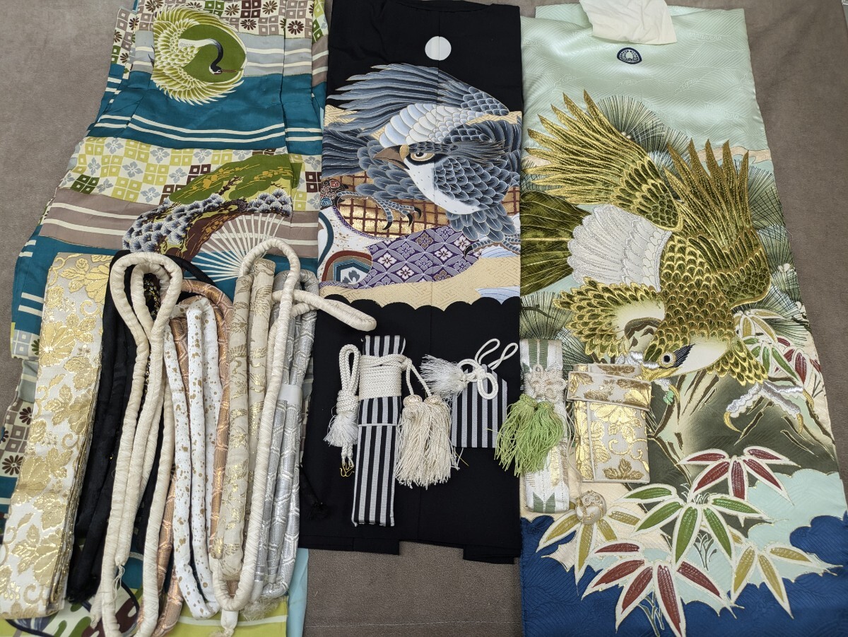 七五三 男の子 着物 羽織り 長襦袢 被布 小物セット 和装小物 まとめ売り 和装 和服 お守 丸くげ 懐剣 角帯 和柄 レトロ柄 鷹 鷲 鶴 衣装拍卖