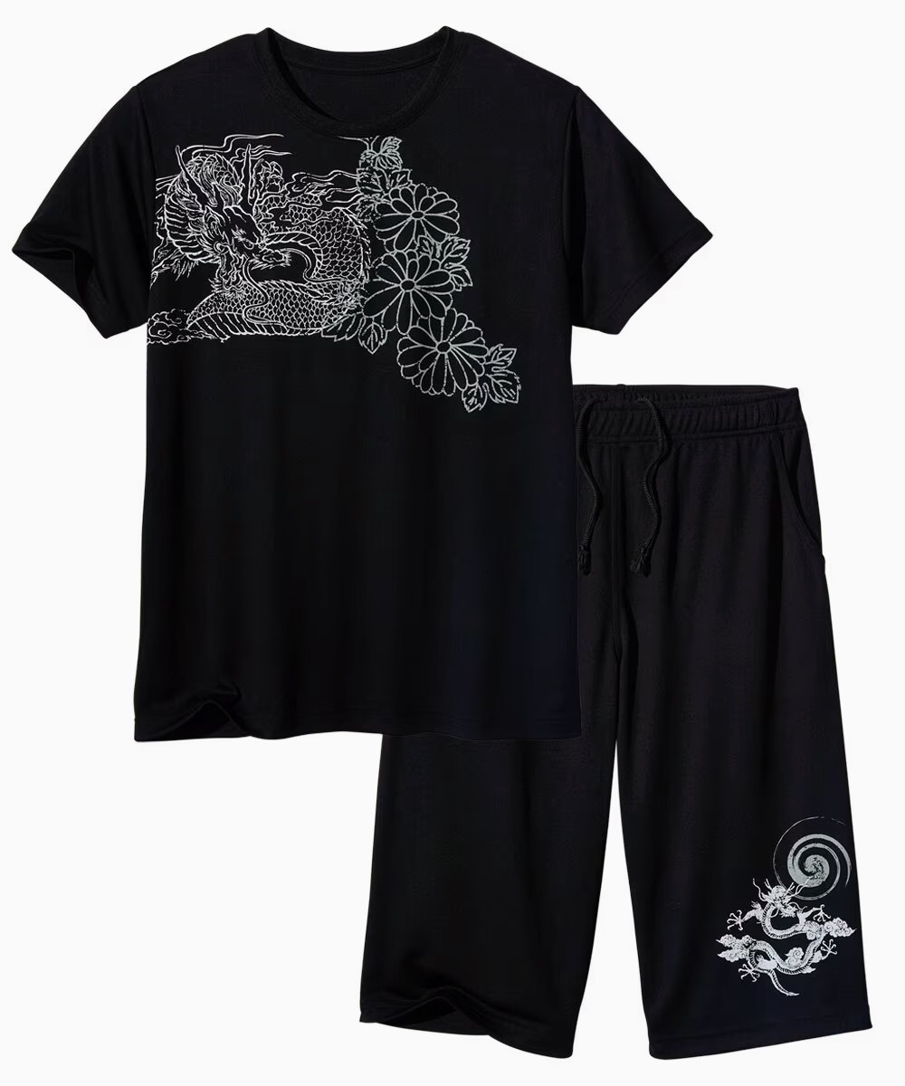 5Lサイズ!高貴紳士的!男気溢れる!和柄!サラッと着心地!吸汗速乾!半袖Tシャツandハーフパンツ上下セット!黒色合い!新品!拍卖