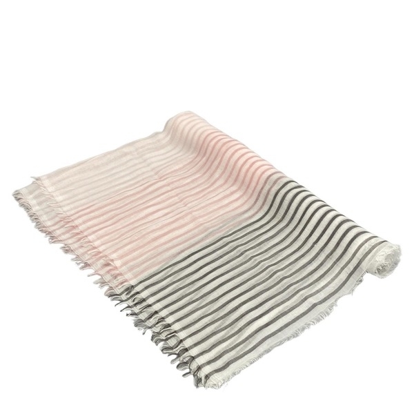 ハナエモリ HANAE MORI ストール(ショール) - コットン 白×ピンク×ダークグレー ストライプ 美品 マフラー拍卖