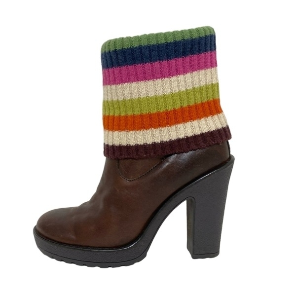 コーチ COACH ショートブーツ 6 1/2M - レザー ダークブラウン×アイボリー×マルチ レディース ボーダー 靴拍卖