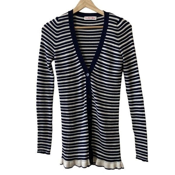 シーバイクロエ SEE BY CHLOE カーディガン サイズI40 M - ダークネイビー×白×シルバー レディース 長袖/ボーダー/ラメ トップス拍卖