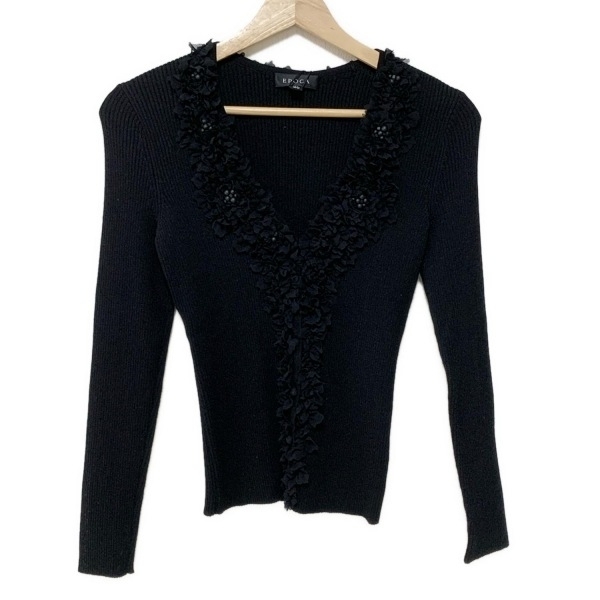 エポカ EPOCA カーディガン サイズ40 M - 黒 レディース 長袖/ニット/ビーズ/フラワー(花)/フリル 新品同様 トップス拍卖