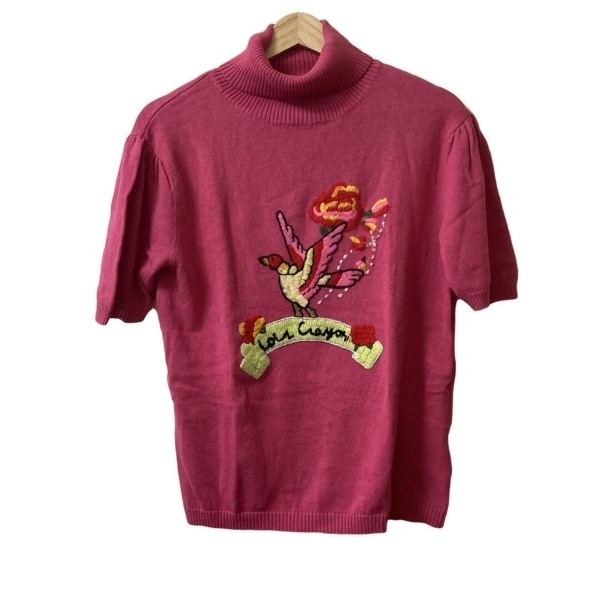 ロイスクレヨン Lois CRAYON 半袖セーター/ニット サイズM - ピンク×ライトイエロー×マルチ レディース タートルネック/花柄/鳥/刺繍拍卖