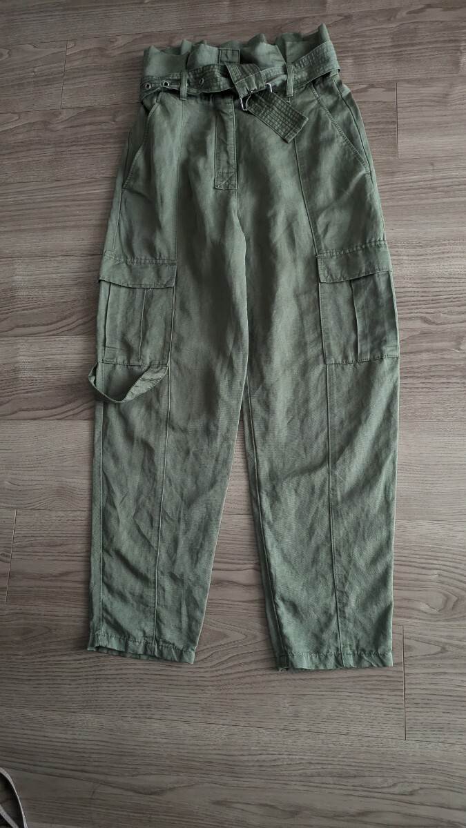 ZARA リネン混 カーゴパンツテーパードワークパンツ Women カーキ グリーン系ザラXS表記 大きめ/ 日本サイズのM位拍卖