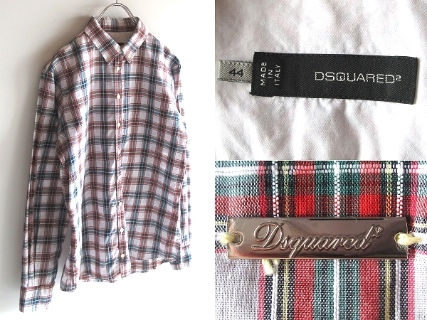 ネコポス対応 DSQUARED2 ディースクエアード ミニロゴプレート 隠しボタンダウン コットン チェックシャツ 44 イタリア製 ここのえ正規品拍卖