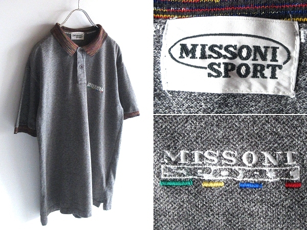 MISSONI SPORT ミッソーニ スポーツ ロゴ刺繍 カラフルリブ メランジニット鹿の子 ポロシャツ L-XL相当 杢グレー ビンテージ オールド拍卖