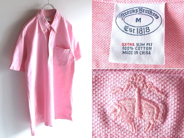 美品 Brooks Brothers ブルックスブラザーズ EXTRA SLIM FIT 羊ロゴ刺繍 スリムフィット 鹿の子 BDポロシャツ M ピンク ネコポス対応拍卖