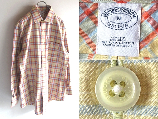 ネコポス対応 Brooks Brothers ブルックスブラザーズ SLIM FIT NON-IRON スーピマコットン チェックシャツ M イエロー ブルー オレンジ拍卖