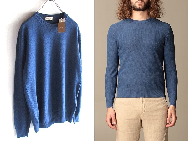 新品タグ付 定価31900円 altea アルテア リネンコットン ジャガード ニット セーター L ブルー 青 イタリア製 BEAMS/ビームス取扱ブランド拍卖