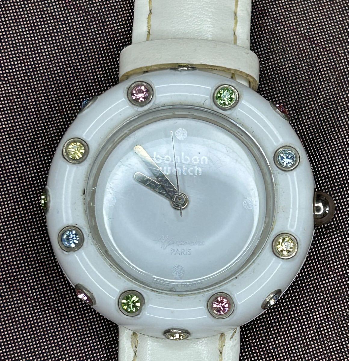 ●フランス製 bonbon ウォッチ アレクサンドラ Paris 白ベルト 裏蓋スケルトン 腕時計 中古品 電池交換済み 拍卖