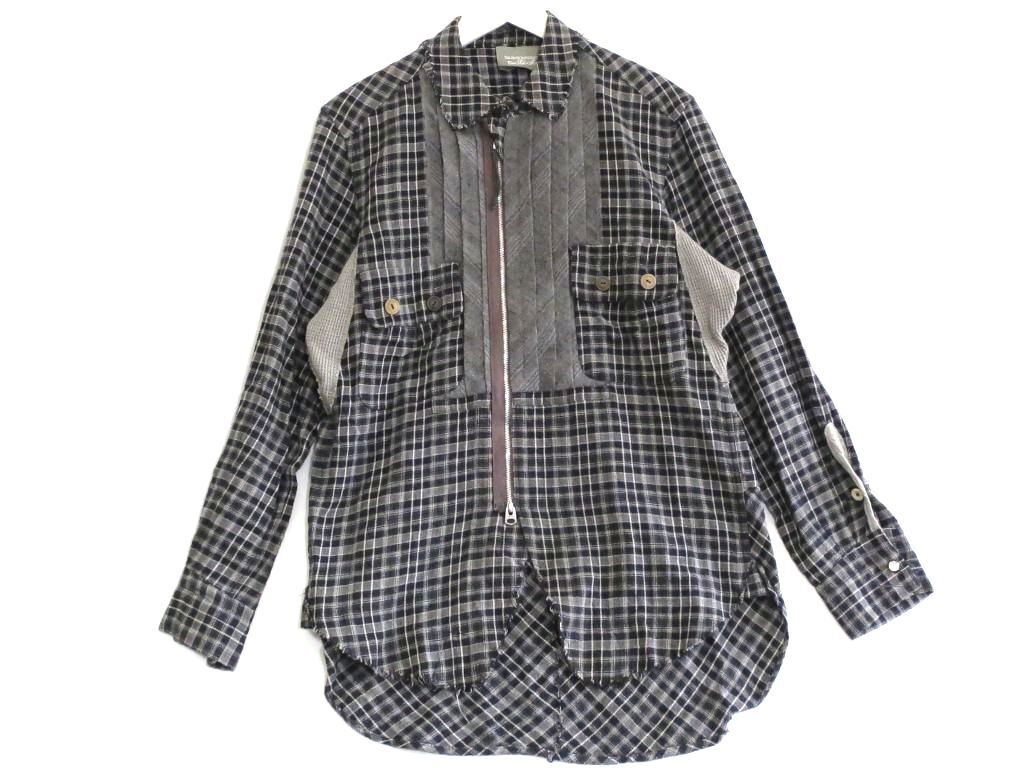タカヒロミヤシタ 11AW ソロイスト ジップアップ 異素材パッチ×チェック オーバーシャツ メンズ ・S グレー kz5008222242拍卖