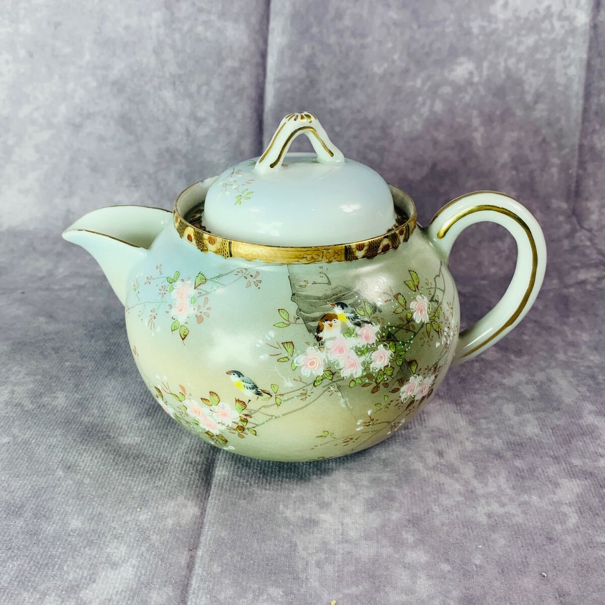 明治期 日光造 ティーポット 急須 アンティーク 茶器 雀 野鳥 可愛らしい 花 桜 色絵 美術品 九谷焼 拍卖