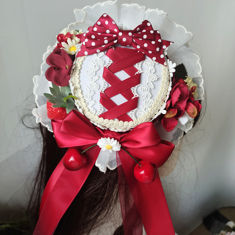 帽子 麦わら レディース ロリータ ハンドメイド シルクハット レッド ピンク ヘアアクセサリー ゴシック ガーリー cla系 森ガール 華ロリ拍卖