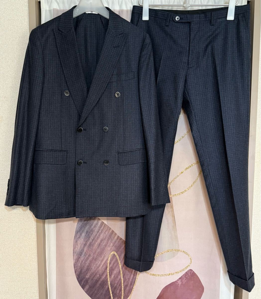 未使用級 スーツセレクト マルゾット チェック ダブルブレスト セットアップ ネイビー拍卖