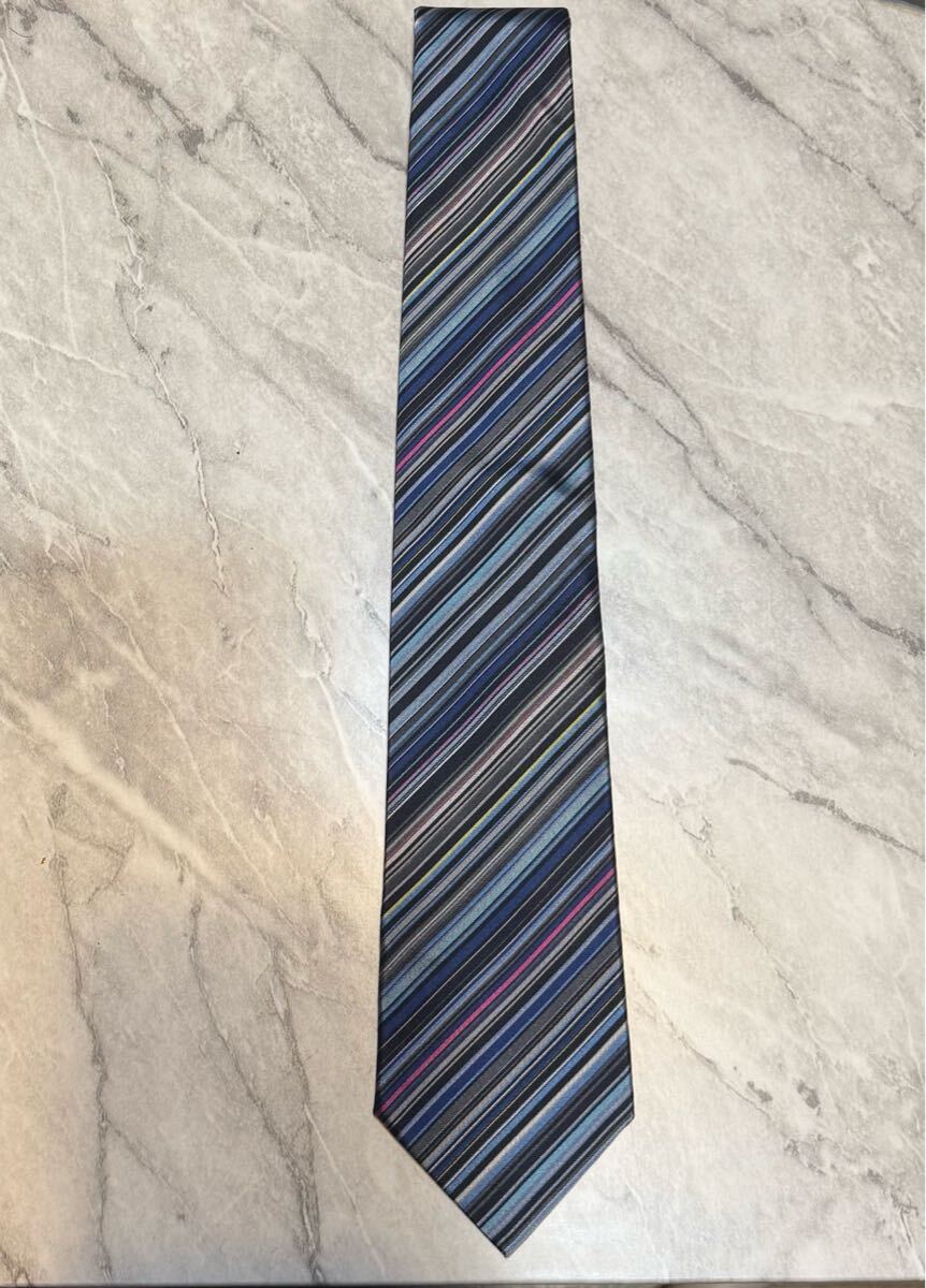 未使用級 ポールスミス マルチストライプ シルク100% ネクタイ イタリア製 ブルー系拍卖