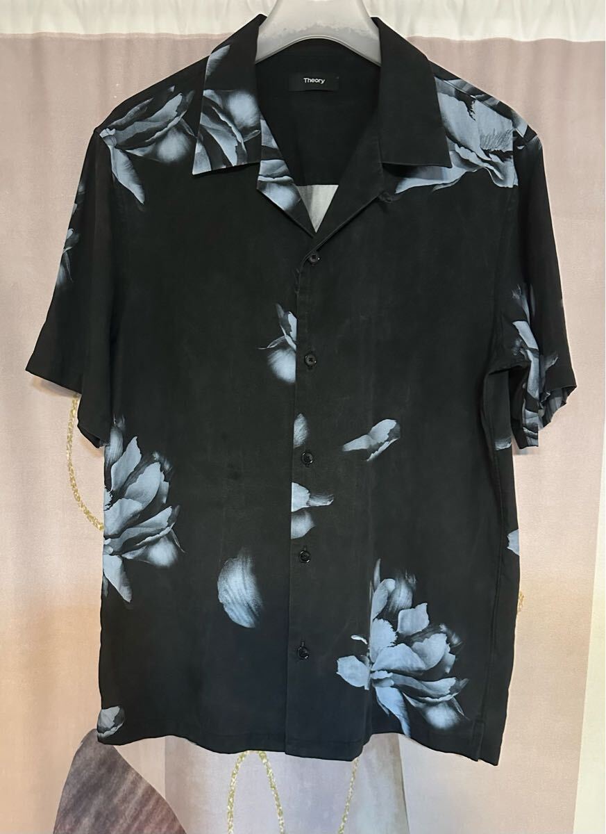 セオリー シャドーフラワー 花柄 オープンカラーシャツ ブラック拍卖