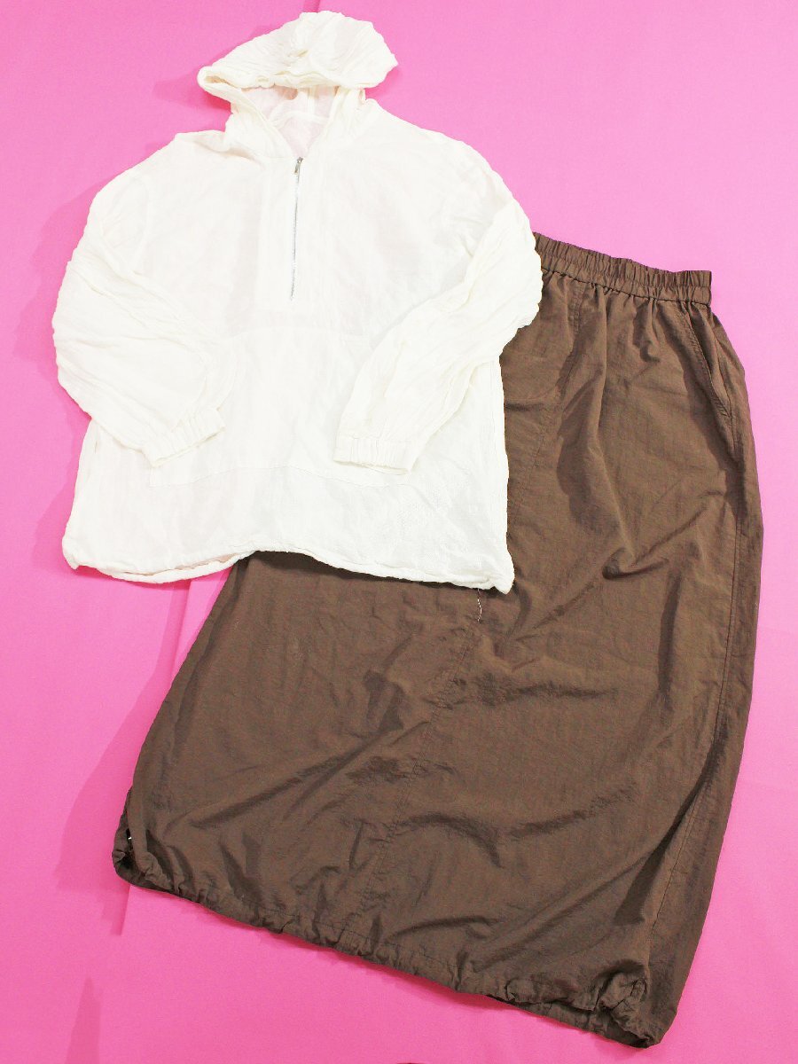 美品 BABYLONE/ベビロン リネンフード付パーカー/ロングスカートセット 白茶F rl086拍卖