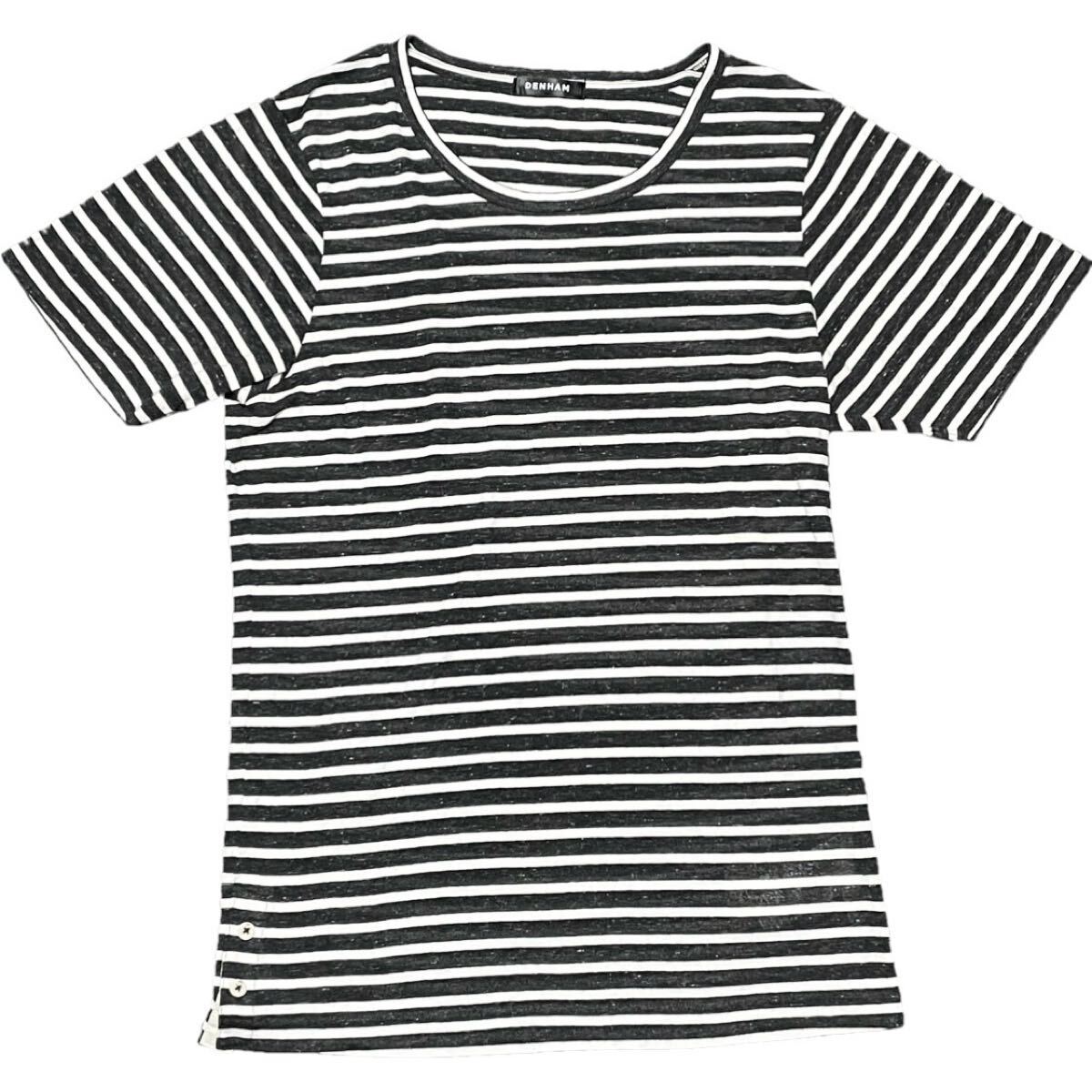 DENHAM リネン混半袖ボーダーTシャツ ブラック×ホワイト Sサイズ デンハム Tシャツ拍卖