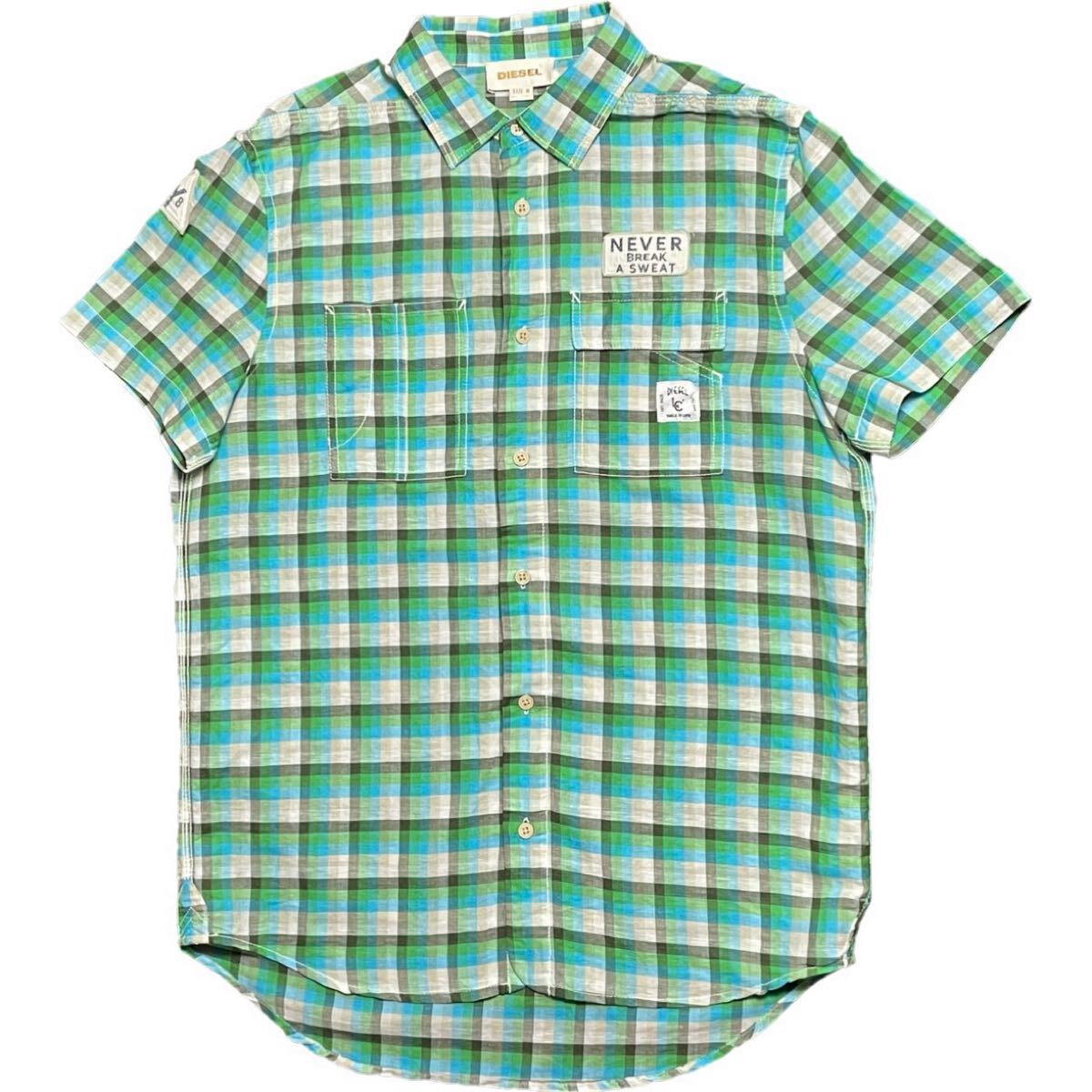 DIESEL チェック柄半袖リネンコットンシャツ グリーン Mサイズ ディーゼル 半袖シャツ チェック柄 リネンシャツ 緑拍卖